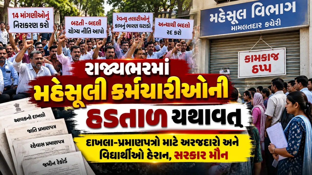 ગુજરાતમાં મહેસૂલી કર્મચારીઓની અચોક્કસ હડતાળ યથાવત, આવક-જાતિના દાખલા સહિતની સેવાઓ પર અસર