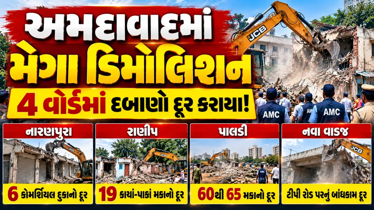 અમદાવાદમાં AMCની દબાણ હટાવ ઝુંબેશ: નારણપુરા, રાણીપ, પાલડી અને નવા વાડજમાં કાર્યવાહી