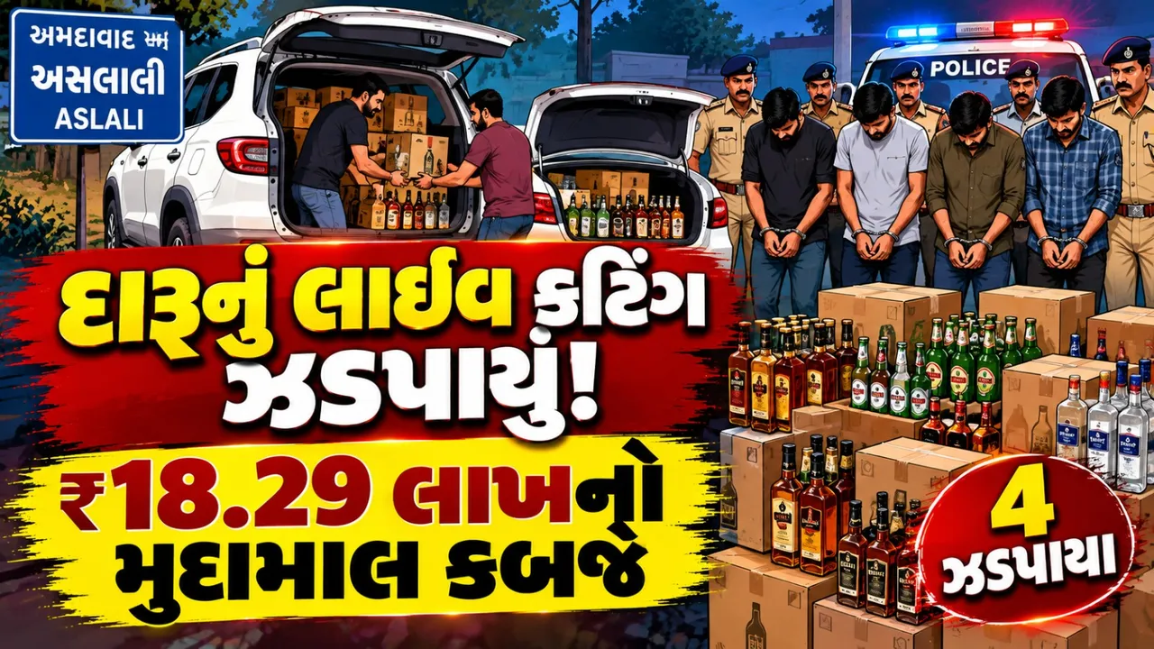 અમદાવાદમાં વિદેશી દારૂનું લાઈવ કટિંગ ઝડપાયું, ₹18.29 લાખના મુદ્દામાલ સાથે 4ની ધરપકડ